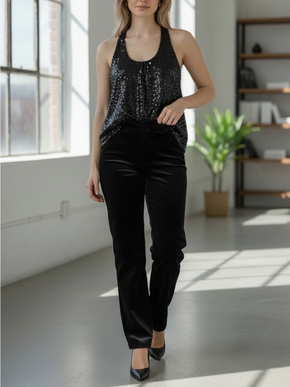 Massimo Dutti Black Sequin Blouse Top